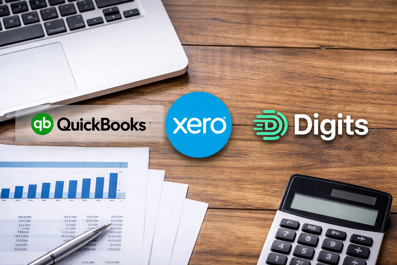 quickbooks-xero-digits-accounting-software.jpg Logos of QuickBooks, Xero, and Digits accounting software platforms used by small businesses