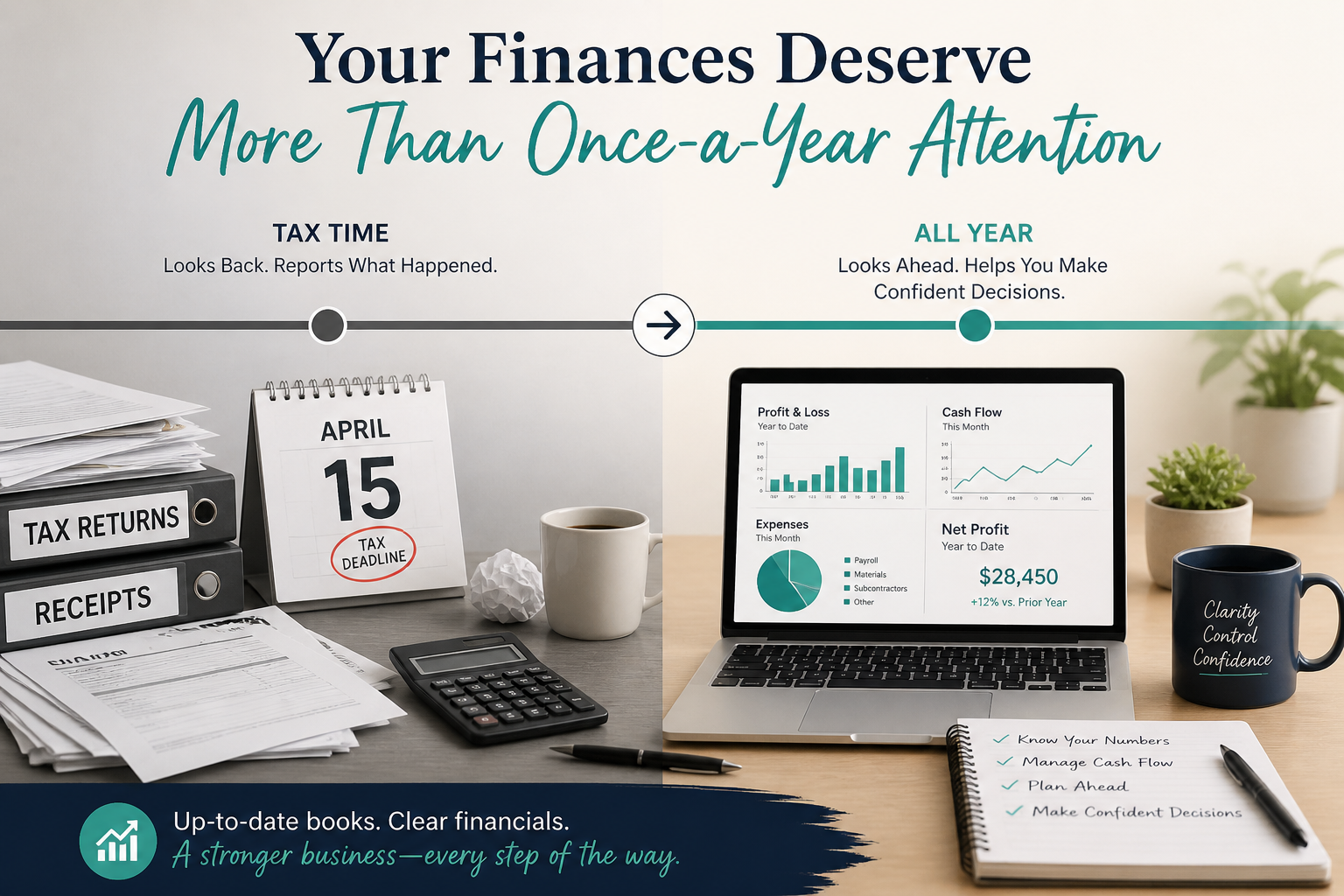 Bookkeeper vs tax preparer timeline showing tax season vs year-round financial management